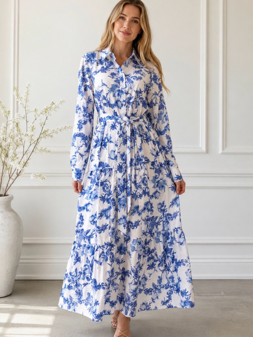 Women's Blue Floral Tie-Waist Maxi Dress